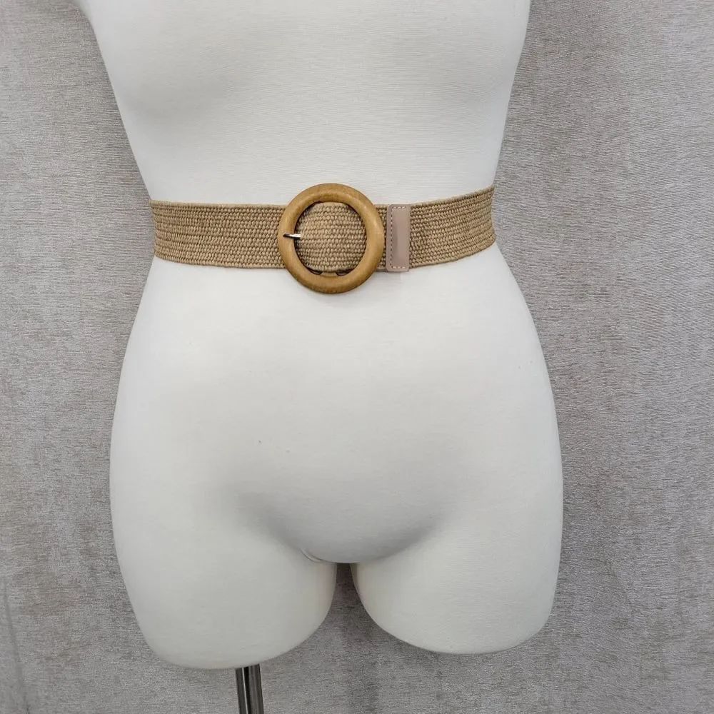 Tan Woven Stretch Belt with Round Wooden Buckle